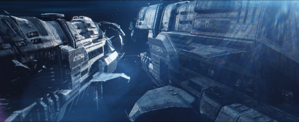 Freeman crosses between spaceships on a ‘mag-tether’ cable, in this shot created by a team at The Light Works, led by visual effects supervisor Tobias Richter.