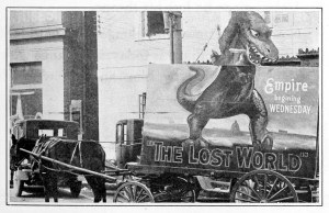 “Manager H.C. Farley of the Empire, Montgomery, Ala., let old dobbin pull the Dinosaur and thereby heightened the effect of this ballyhoo for ‘The Lost World.’” Original caption – Moving Picture News 30 Jan 1926