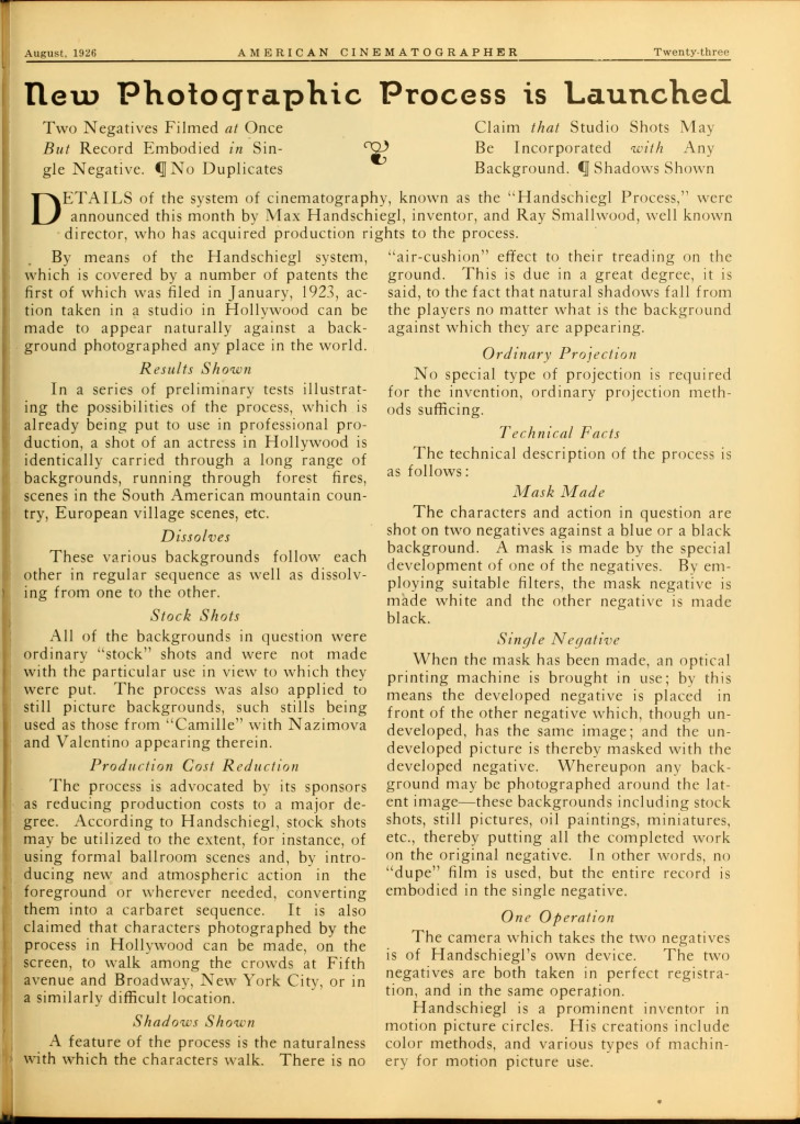 Handschiegl Process discussed in American Cinematographer, August 1926