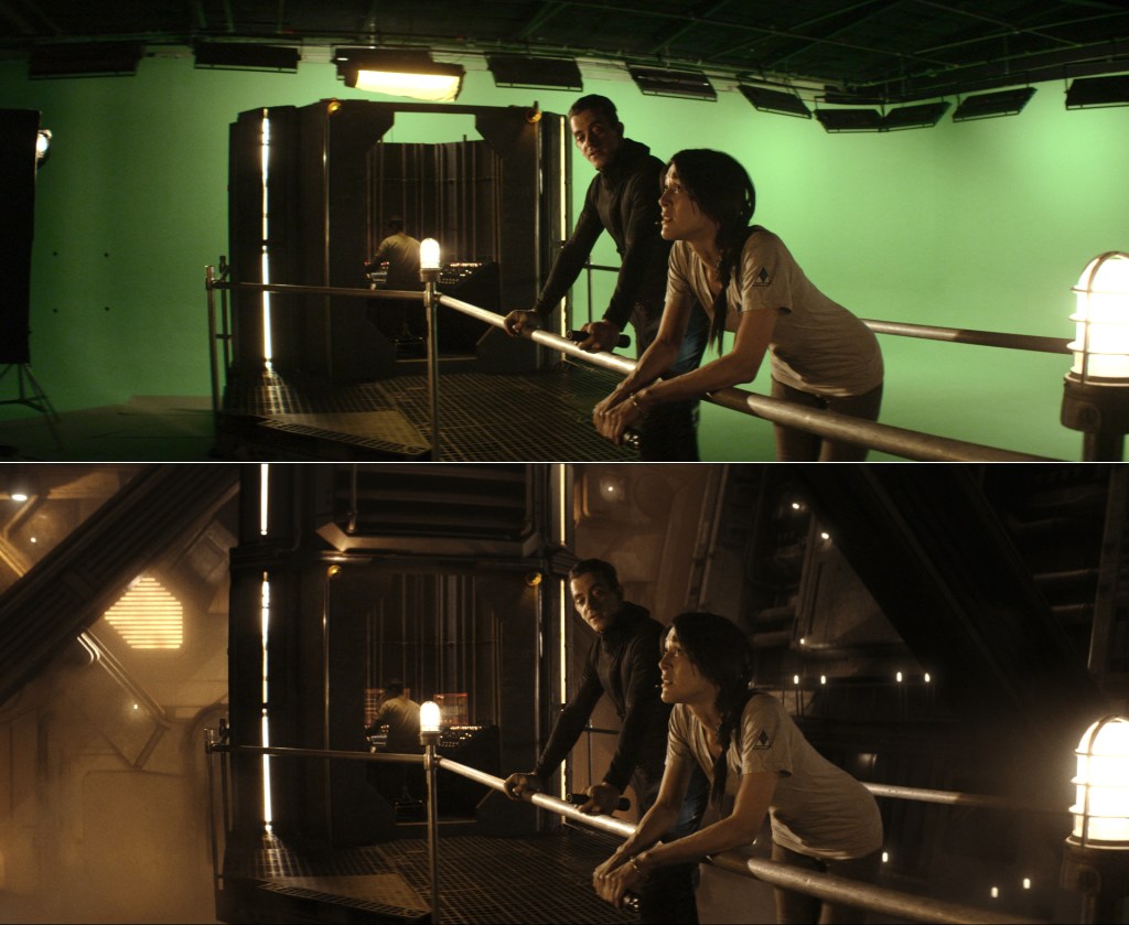 Cole Freeman (Tony Bonaventura) and Moira Freeman (Jeannie Bolét) meet in the Core. Production designer Alec Contestabile built the walkway and control room, which visual effects expanded using CG set extensions.