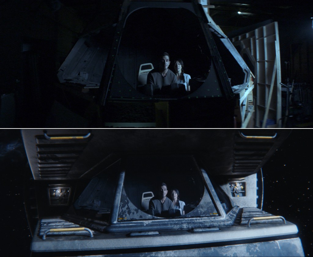 Visual effects blended live-action of the Morinda’s cockpit with a CG spacecraft exterior, in a sweeping pullback shot.