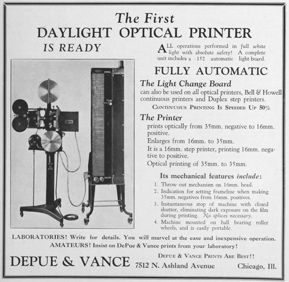 Press advertisement from 1928 for a Depue-Vance daylight optical printer.