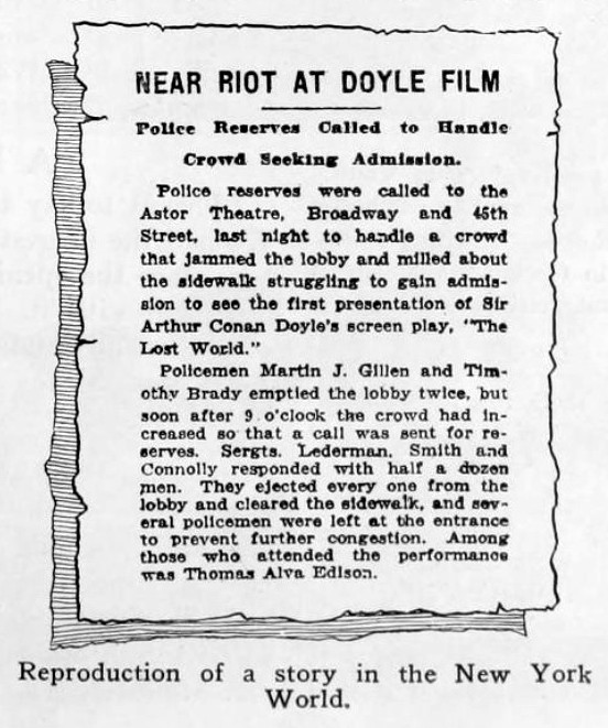 Report of "near riot" surrounding a showing of "The Lost World" at the Astor Theatre - First National Franchise, 3 March, 1925